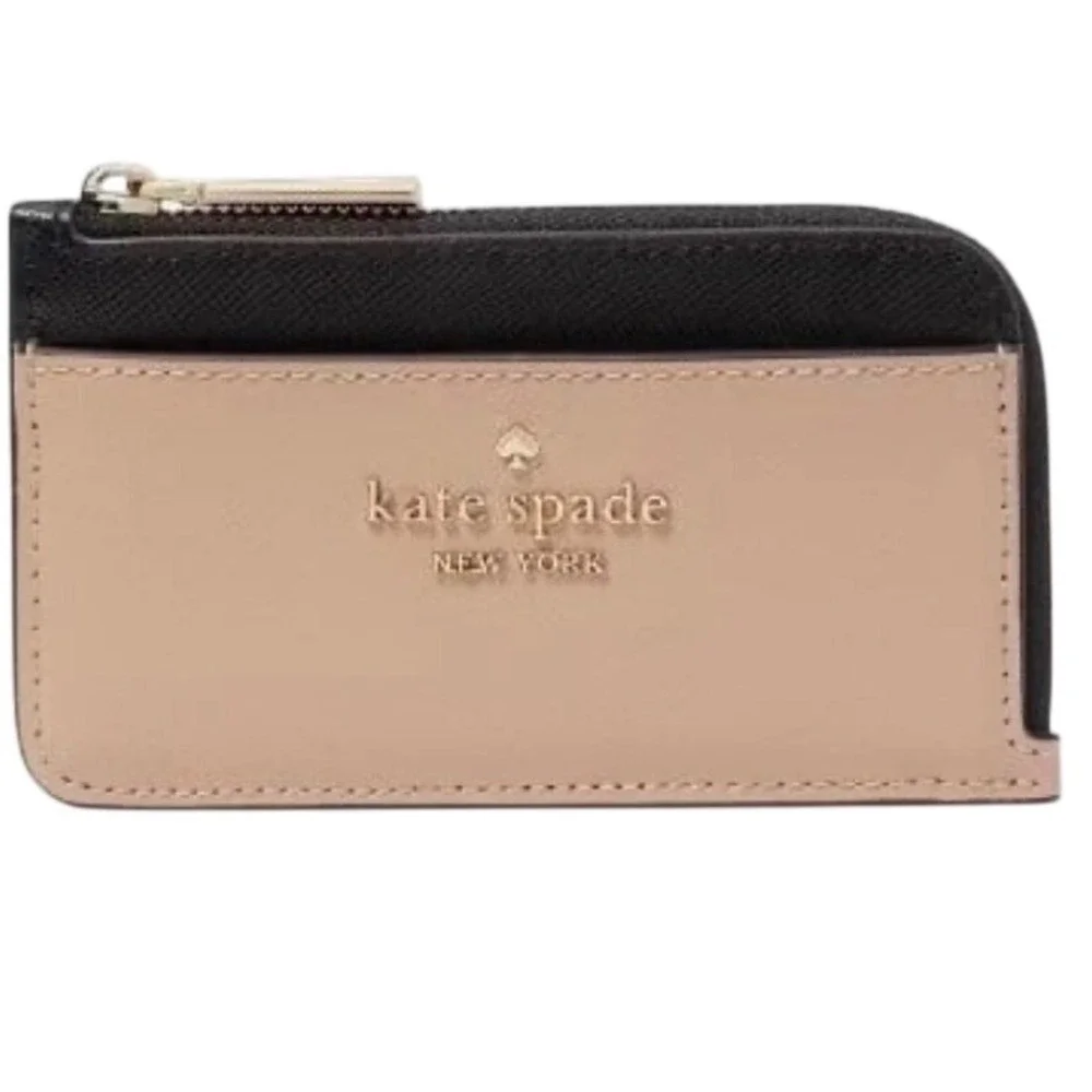 Kate Spade Card Holder Wallet Beige Black Excellent Saffiano Leather Zip Wallet